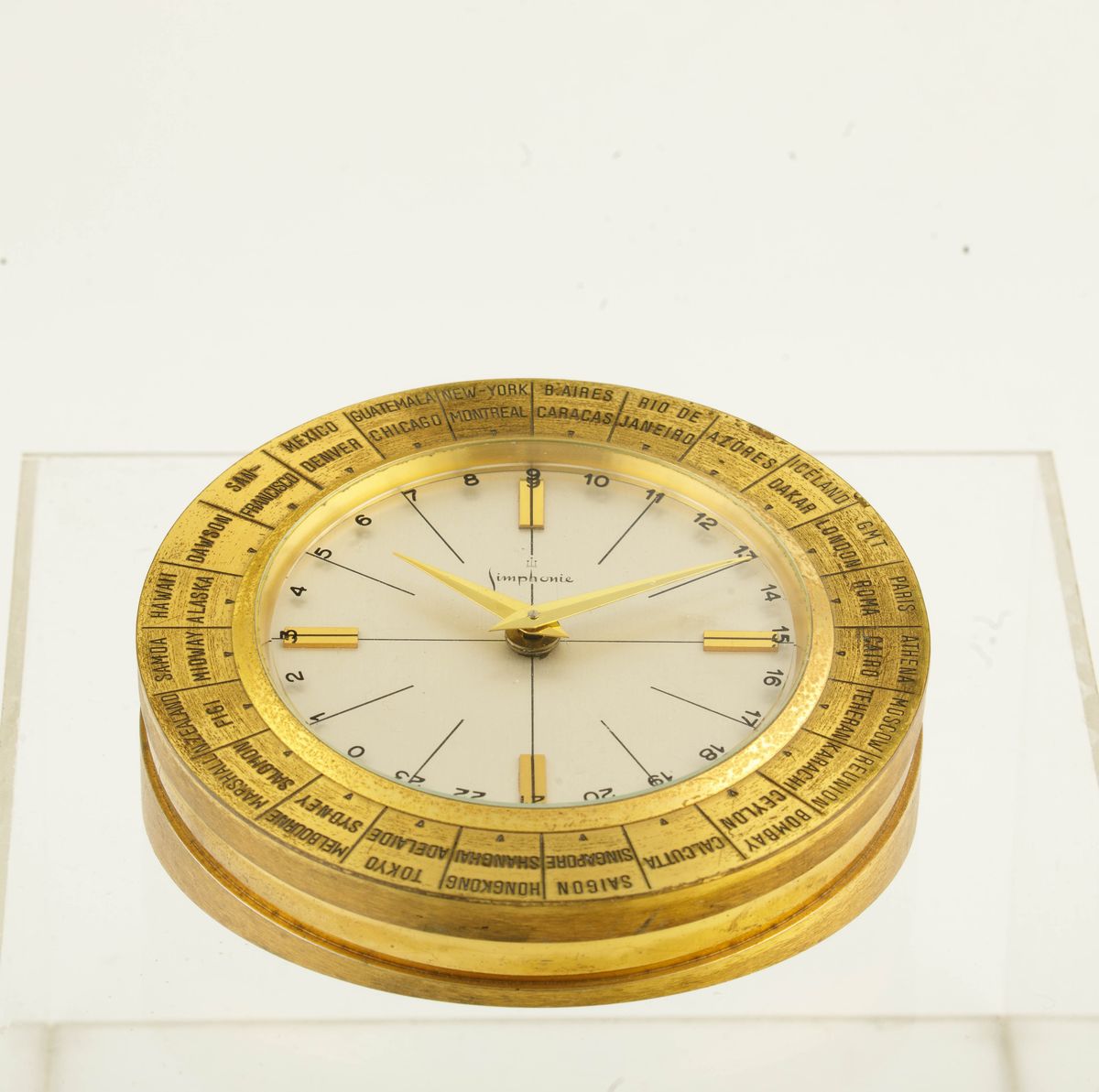 Simphonie - Orologio da Scrivania Ore del Mondo in Ottone Dorato, Carica Manuale con Riserva di 8...