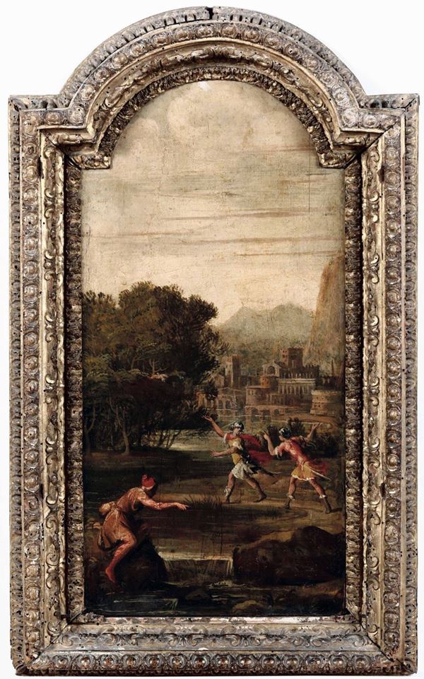 Scuola ferrarese del XVII secolo Paesaggio con cavalieri e viandante presso un ruscello
