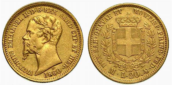 REGNO DI SARDEGNA. Vittorio Emanuele II di Savoia, re eletto 1849-1861. 20 Lire 1860, zecca di Milano.