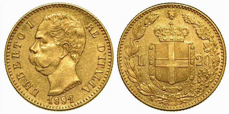 REGNO D'ITALIA. Umberto I di Savoia, 1878-1900. 20 Lire 1891 (con cifre 1 ribattute).  - Auction Numismatics - Cambi Casa d'Aste