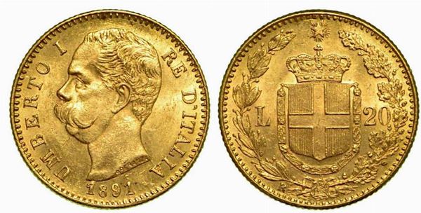 REGNO D'ITALIA. Umberto I di Savoia, 1878-1900. 20 Lire 1891 (con cifre 1 ribattute).