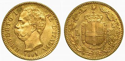 Regno D'italia. Umberto i di Savoia, 1878-1900. 20 Lire 1891 (con Cifre 1 Ribattute).