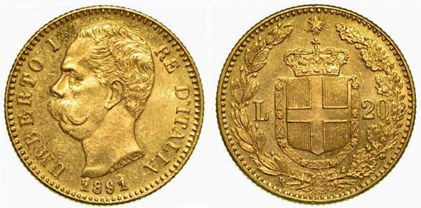 REGNO D'ITALIA. Umberto I di Savoia, 1878-1900. 20 Lire 1891 (con cifre 1 ribattute).