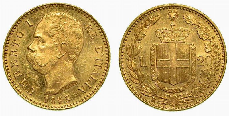 REGNO D'ITALIA. Umberto I di Savoia, 1878-1900. 20 Lire 1893 (con 1 ribattuto).  - Auction Numismatics - Cambi Casa d'Aste