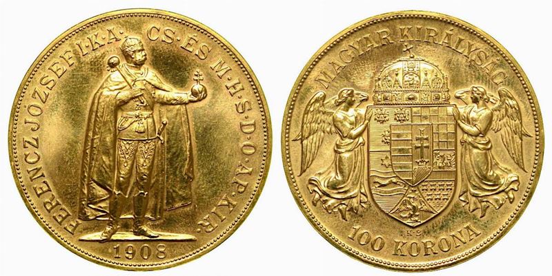 UNGHERIA. Franz Joseph, 1848-1916. 100 Korona 1908.  - Auction Numismatics - Cambi Casa d'Aste