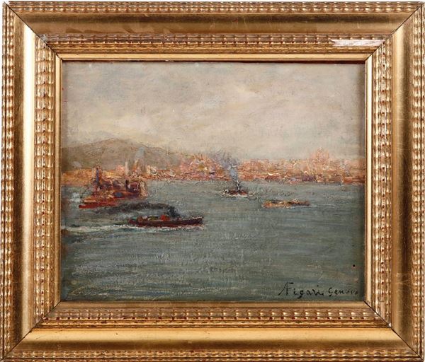 Andrea Figari - Andrea Figari (Sassari 1858 - Genova 1945) Veduta di Genova dal mare