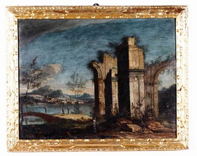 Scuola Veneta del XVIII Secolo Capricci con Architetture Classiche e Figure