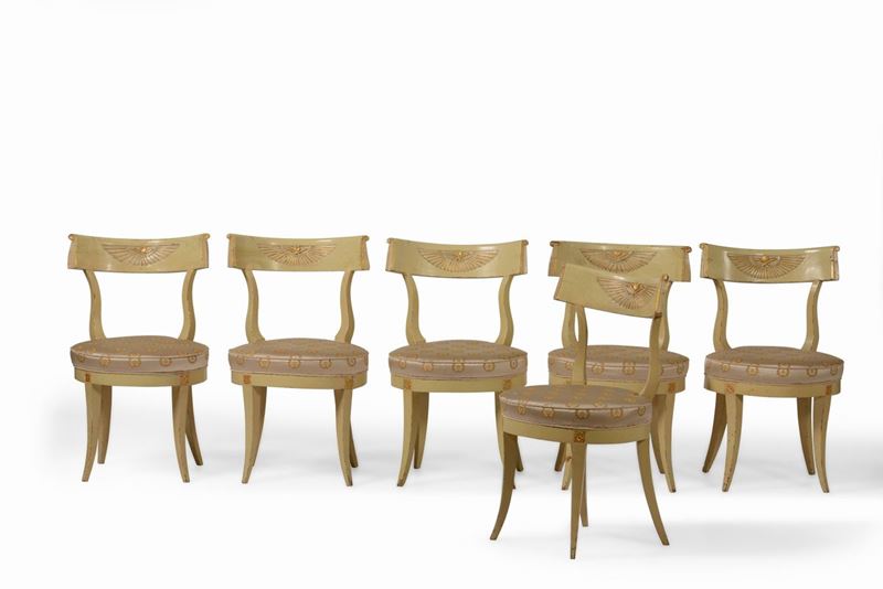 Sei sedie in legno laccato e dorato con rivestimento in seta. Italia centrale, XIX secolo  - Auction Antique September | Cambi Time - Cambi Casa d'Aste