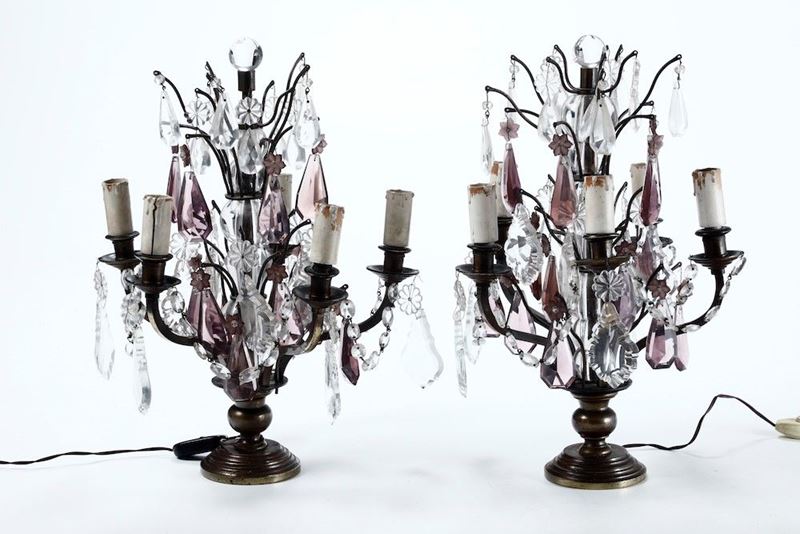 Coppia di piccole girandoles in metallo e cristallo. XIX secolo  - Auction Antiques | Timed Auction - Cambi Casa d'Aste