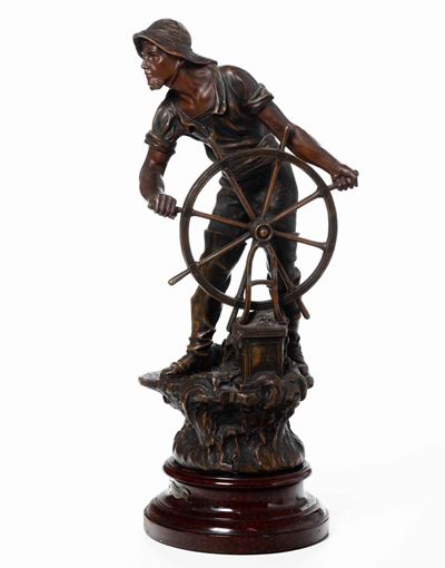 Marinaio al Timone Scultura in Bronzo Francia, Fine XIX Secolo