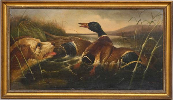 Rolfe Henry Leonidas - Henry Leonidas Rolfe (1824-1881) Scena di caccia con cani e papere, XIX secolo.