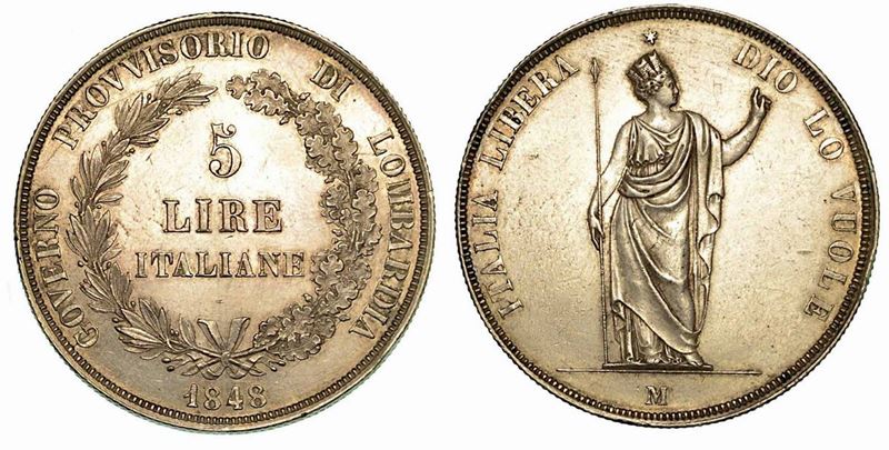 MILANO. Governo Provvisorio di Lombardia, 1848. 5 Lire 1848.  - Auction Numismatics - Cambi Casa d'Aste
