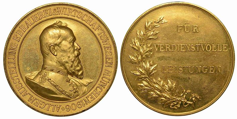 GERMANIA - BAVIERA. Principe reggente Liutpold, 1886-1912. Medaglia-premio in bronzo dorato 1906.  - Asta Numismatica - Cambi Casa d'Aste