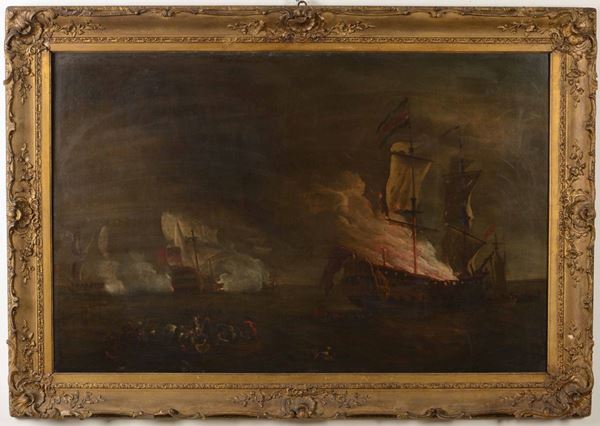 Scuola Olandese del XIX secolo Notturno con navi in battaglia