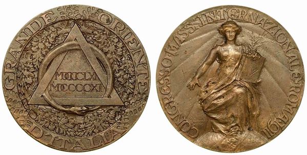 REGNO D'ITALIA. Grande Oriente d'Italia. Congresso Internazionale Massonico, Roma 1911. Medaglia in bronzo.