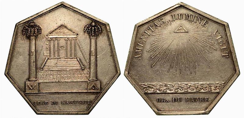 FRANCIA. Oriens de Province. Le Havre, Loggia dell'Amenite 1802. Medaglia esagonale in argento.  - Auction Numismatics - Cambi Casa d'Aste