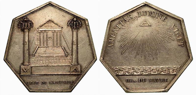 FRANCIA. Oriens de Province. Le Havre, Loggia dell'Amenite 1802. Medaglia esagonale in argento.  - Asta Numismatica - Cambi Casa d'Aste