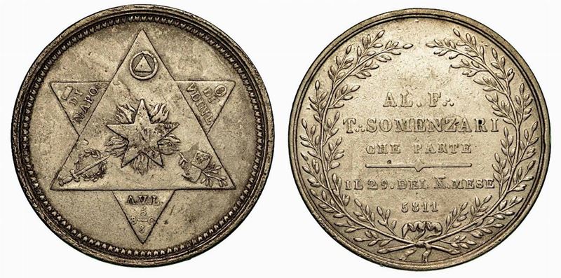 ITALIA. Loggia Napoleone Oriente. Medaglia in metallo bianco (fusione)1811. Saluto a Teodoro Somenzari.  - Auction Numismatics - Cambi Casa d'Aste