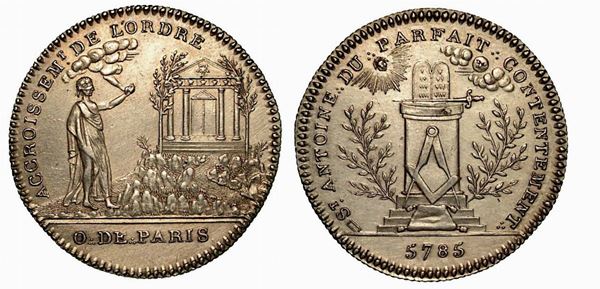 FRANCIA. Oriens de Paris. Saint Antoine du Parfait contentement 5785 (1785). Medaglia in argento.