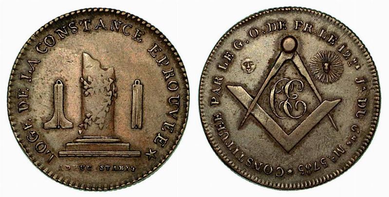 FRANCIA. Oriens de Paris. Loggia della Constance Eprouvee, 5785 (prima del 1812). Medaglia in bronzo.  - Auction Numismatics - Cambi Casa d'Aste