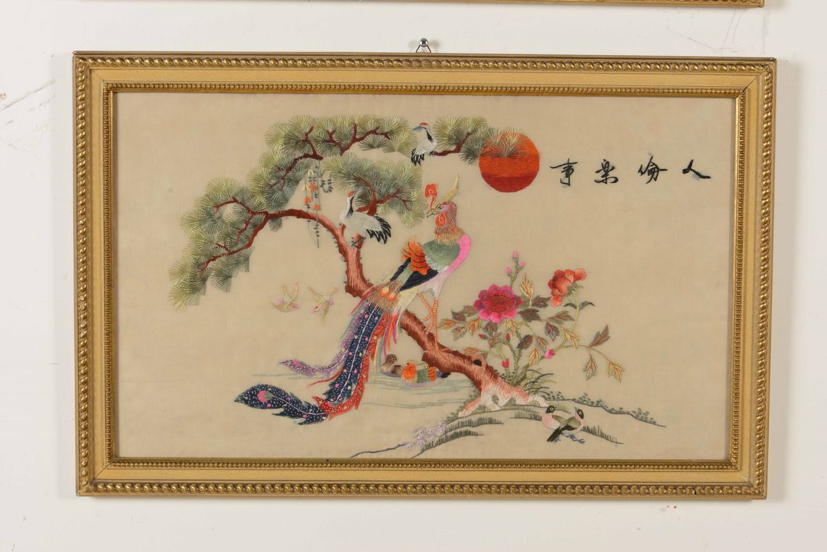 Tre Ricami su Seta Cina XX Secolo
