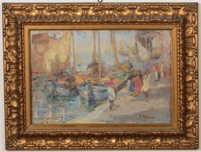 Leonardo Bazzaro (Milano 1853-1937) Scorcio di porto con figure  - Auction 19th-20th century paintings - Cambi Casa d'Aste