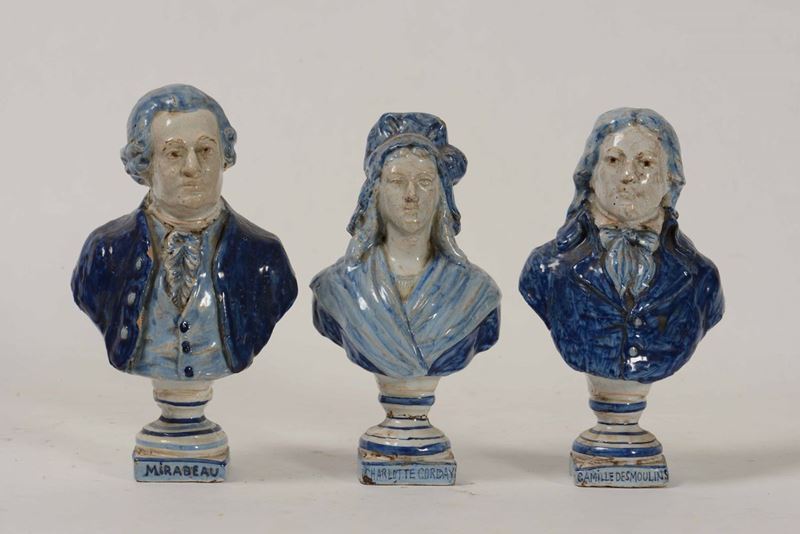 Tre busti raffiguranti Mirabeau, Charlotte Corday e Camille Desmoulins  Francia, XIX secolo  - Asta Ceramiche e Vetri | Cambi Time - Cambi Casa d'Aste