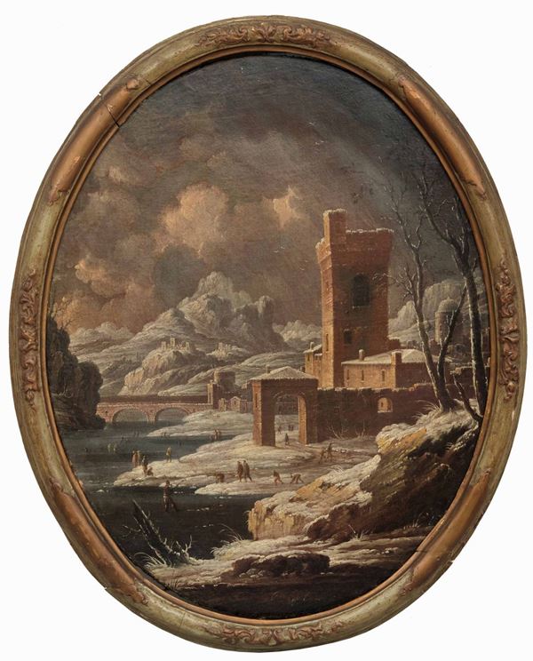 Scuola italiana del XVIII secolo Paesaggi con incendio e nevicata