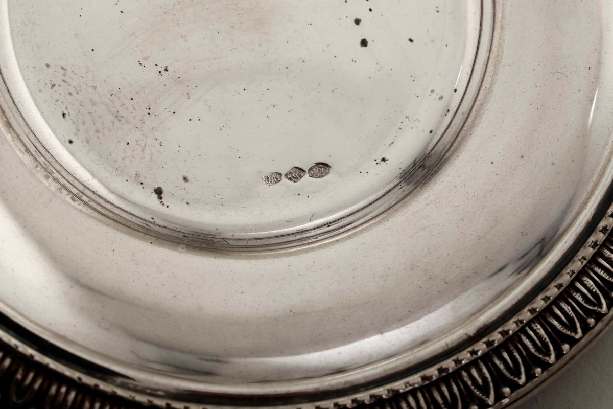 Set da Tavola per Condimenti in Argento e Vetro Molato. Argenteria Italiana del XX Secolo. Argent...