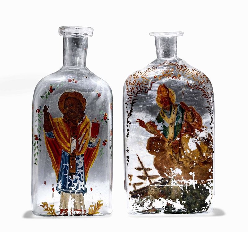 Due bottiglie della Manna Vetro soffiato incolore dipinto Italia XVIII secolo  - Auction Sculpture and Works of Art - Cambi Casa d'Aste
