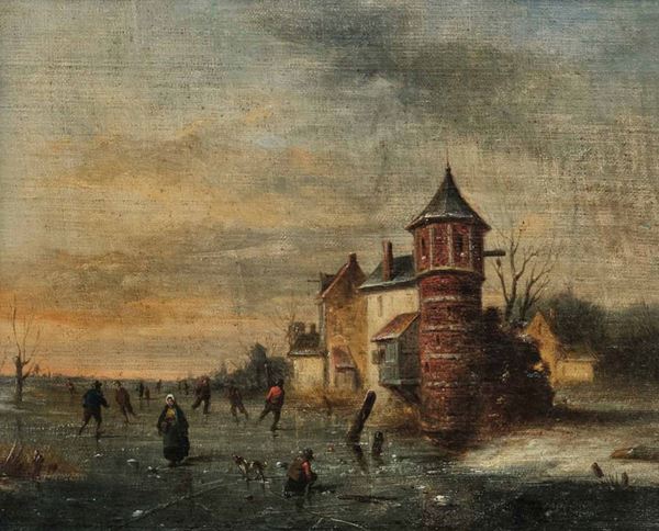 Andreas Schelfhout (L'Aia 1787-1870) Paesaggio invernale con pattinatori