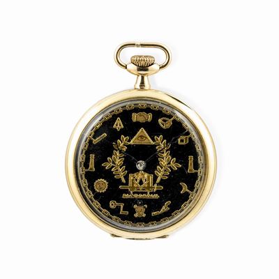 Orologio da Tasca Massonico Carica Remontoir Cassa Tre Corpi in Oro 14k con Couvette in Metallo D...