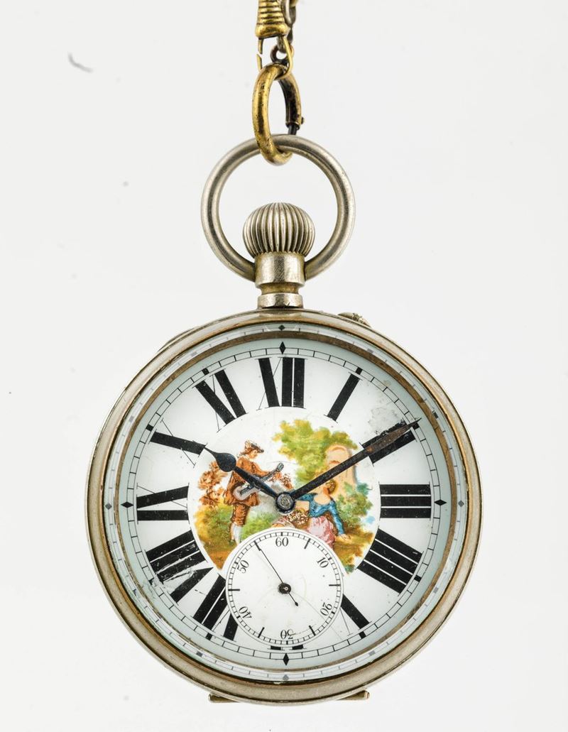 Orologio da scrittoio con miniatura sul quadrante e piccoli secondi in basso  - Asta Orologi da Polso | Cambi Time - Cambi Casa d'Aste