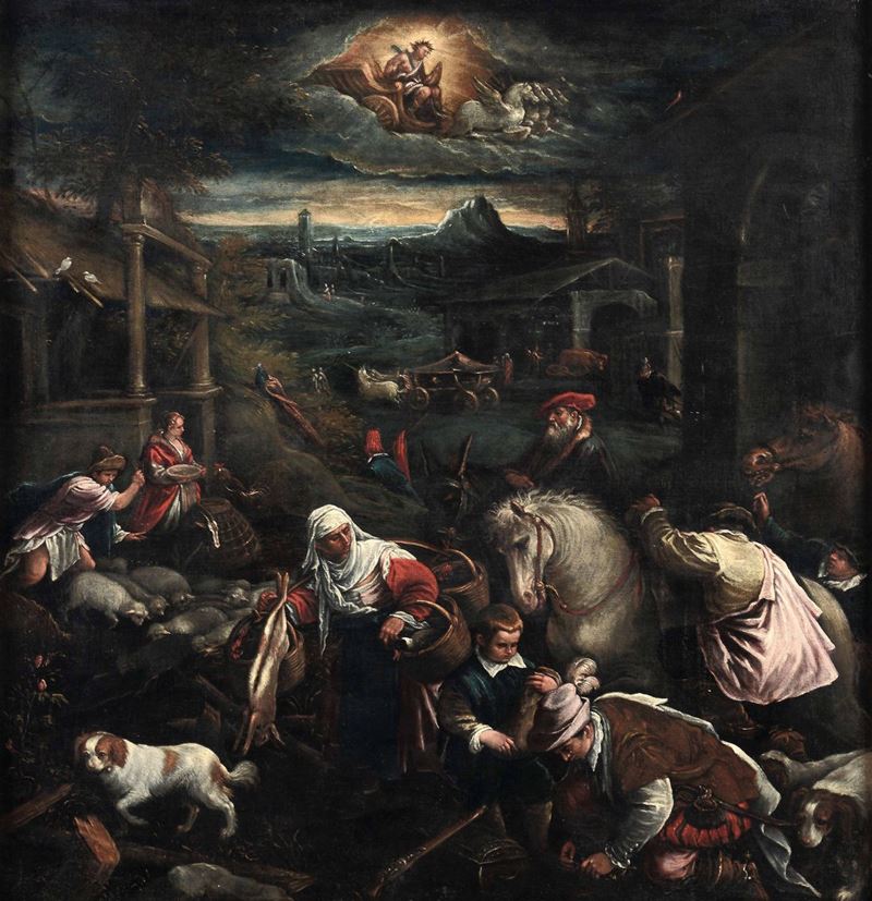 Leandro Bassano (Bassano del Grappa 1557 - Venezia 1622) Scena popolare con Apollo sul carro del Sole  - Auction Old Masters - Cambi Casa d'Aste