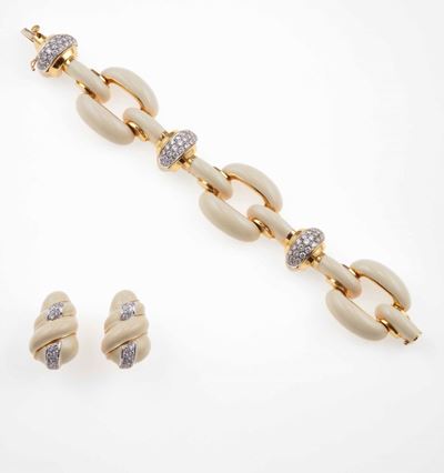 David Webb. Demi-parure Composto da Bracciale ed Orecchini con Smalto e Diamanti