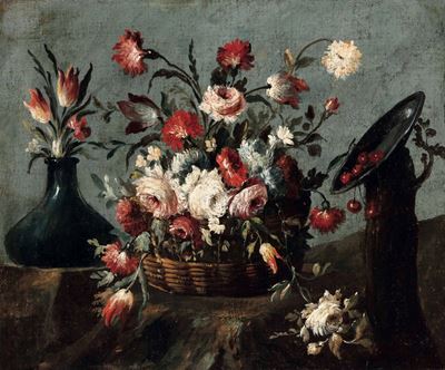 Maestro dei Fiori Guardeschi (attivo tra il 1730 e il 1760)natura Morta con Cesta di Fiori e Cili...