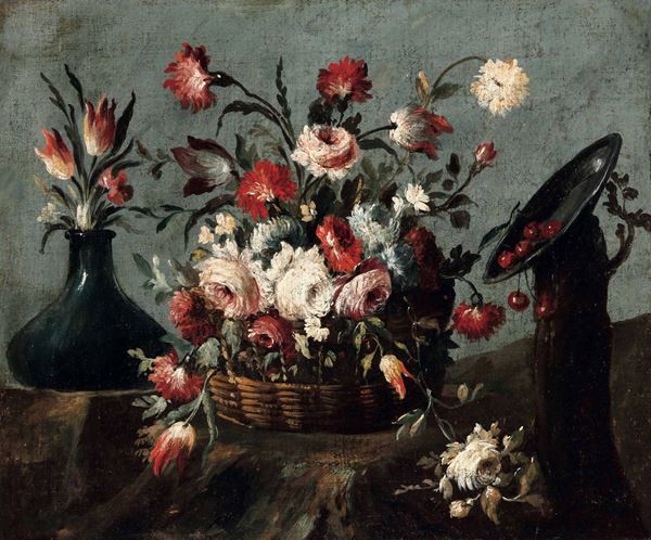 Maestro dei fiori guardeschi (attivo tra il 1730 e il 1760) Natura morta con cesta di fiori e ciliegie