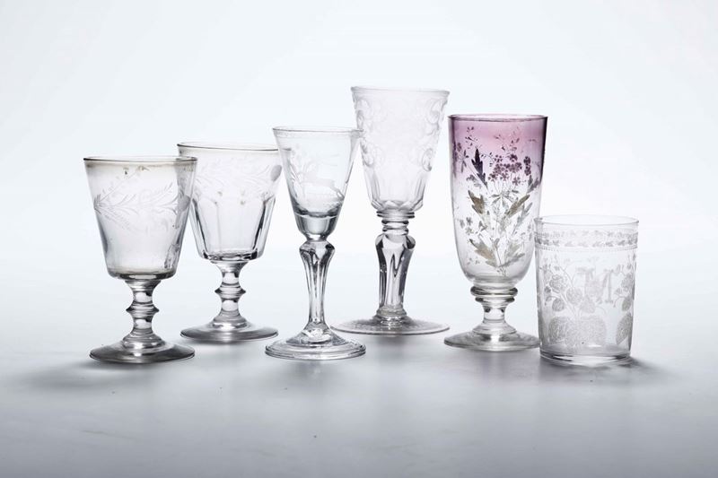 Sei bicchieri in vetro fuso e soffiato varie epoche e manifatture  - Auction Antiques | Timed Auction - Cambi Casa d'Aste
