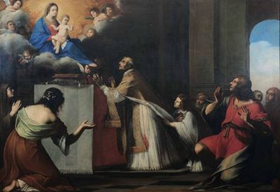 Attribuito Aapparizione della Madonna con il Bambino a un Santo Sacerdote Mentre Celebra una Funz...
