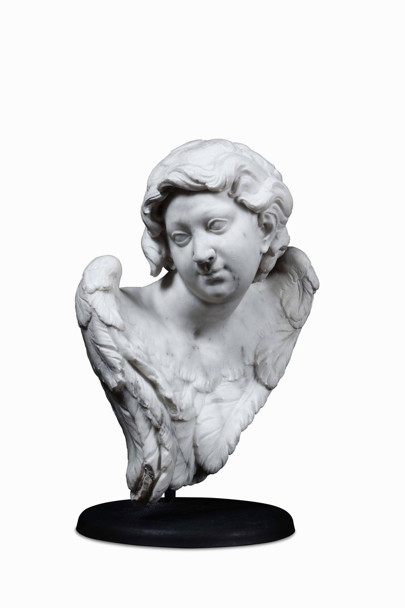 Coppia di Teste di Cherubini Marmo Bianco Scultore Barocco Italiano del XVII Secolo Prossimo a Co...
