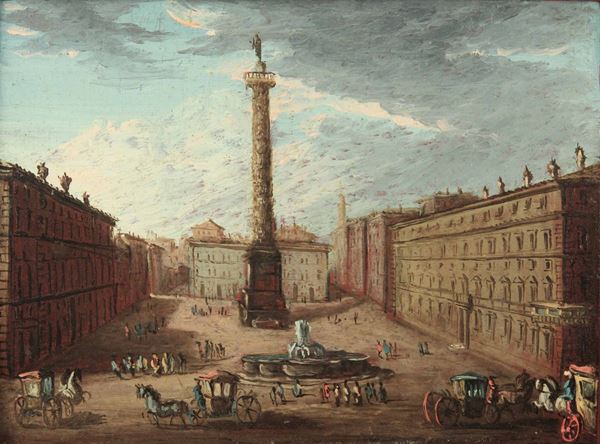 Thomas Masselli (attivo in Italia nel XVIII secolo) Veduta di Piazza Colonna e dell'arco di Settimio Severo