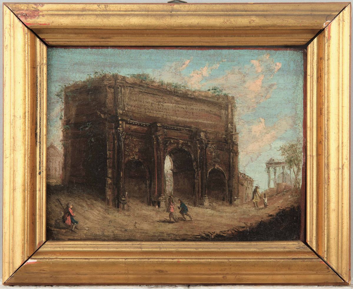 Thomas Masselli (attivo in Italia nel XVIII Secolo)veduta di Piazza Colonna e Dell'arco di Settim...