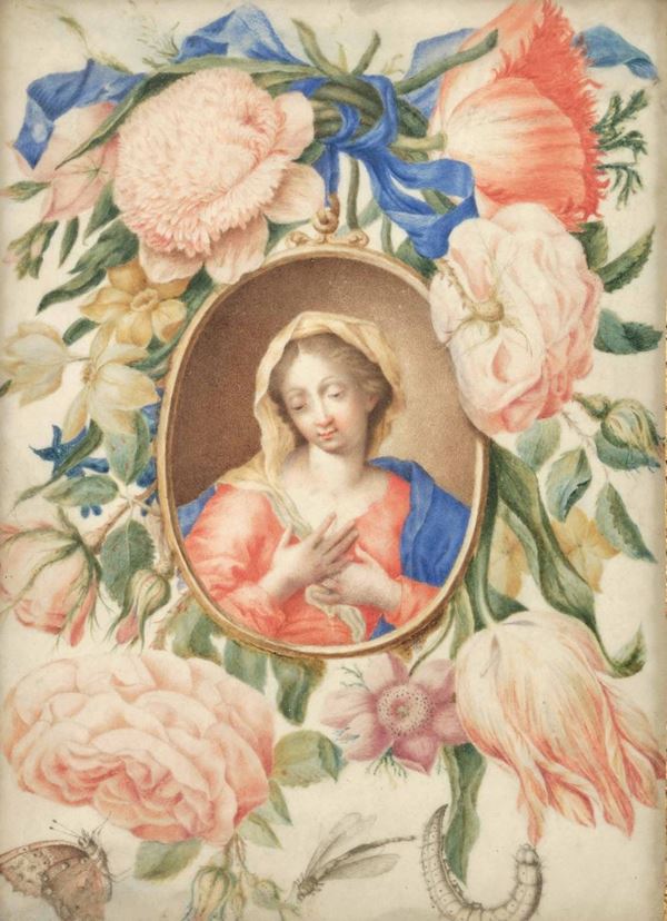 Scuola dell'Italia centrale del XVII secolo Vergine entro ghirlanda di fiori