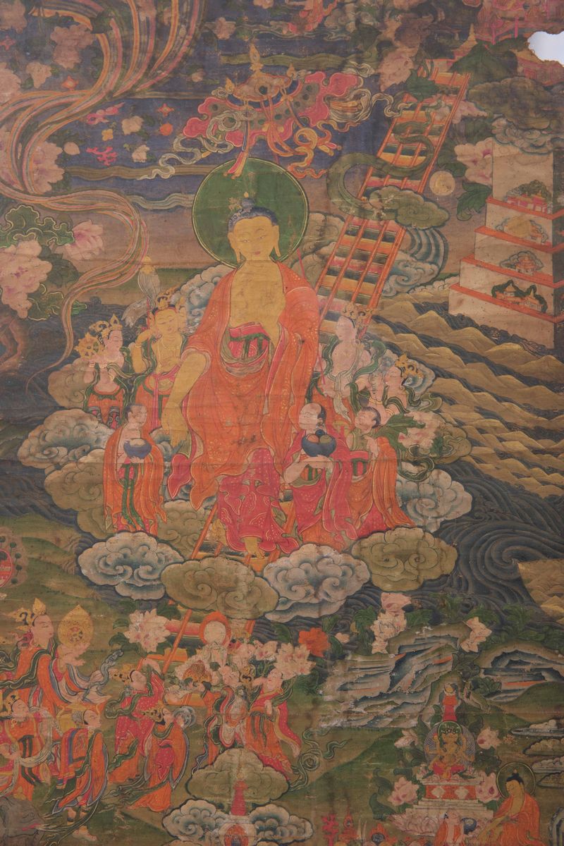 Thangka su Seta Raffigurante Buddha Centrale con Discepoli e Altre Divinità, Tibet, XVIII Secolo