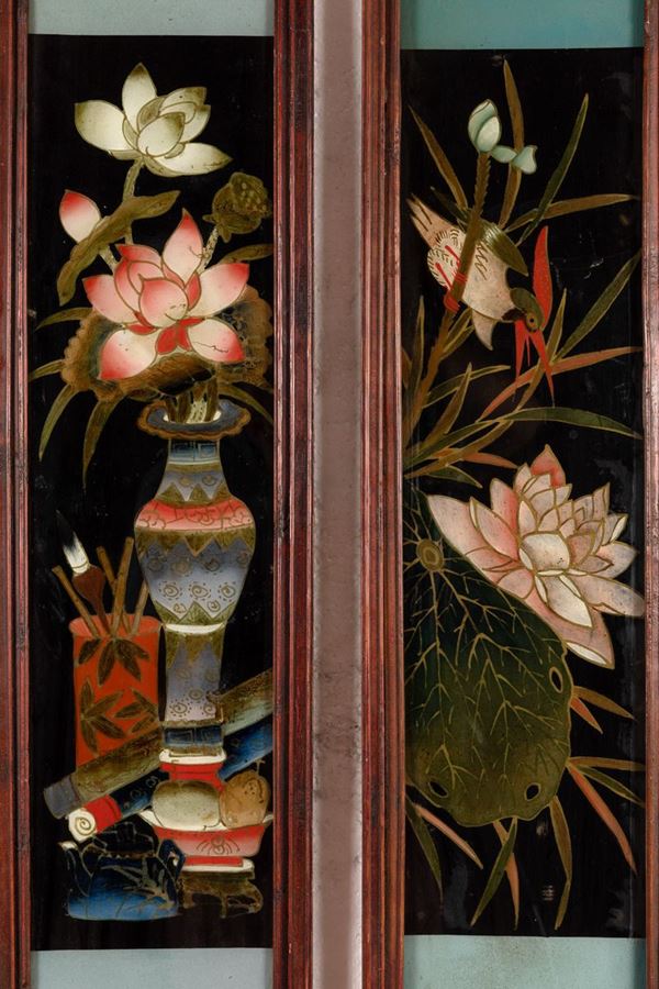 Sei dipinti su vetro a soggetto naturalistici, Cina, XX secolo