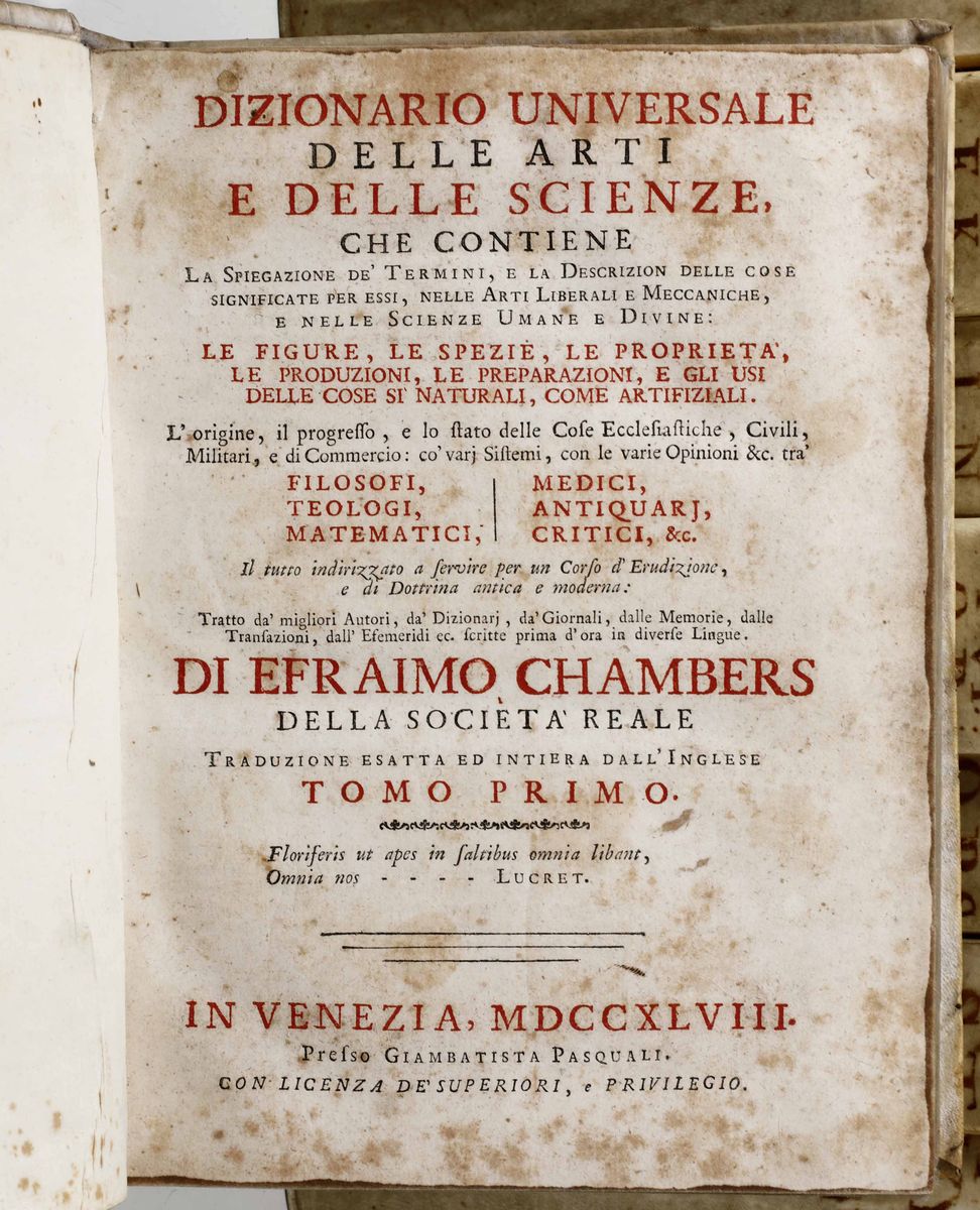 Chambers Efraimodizionario Universale delle Arti e delle Scienze, Venezia 1748-1749