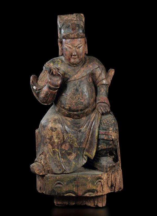 Grande figura di dignitario seduto in legno laccato, Cina, Dinastia Ming, XVI secolo