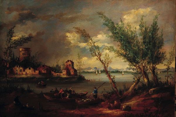 Giovan Battista Cimaroli (Salò 1687 - Venezia 1753) Paesaggio lacustre con pescatori