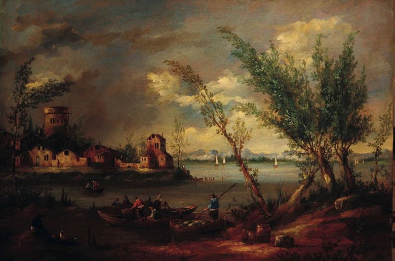 Giovan Battista Cimaroli (Salò 1687 - Venezia 1753) Paesaggio lacustre con pescatori  - Asta Dipinti antichi - Cambi Casa d'Aste