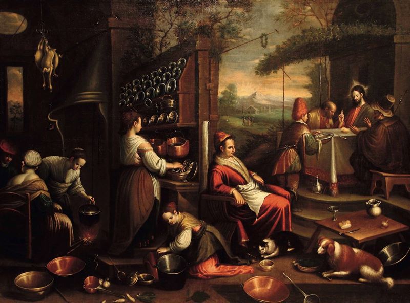 Leandro Bassano (Bassano del Grappa 1557 - Venezia 1622) e bottega La cena di Emmaus  - Asta Dipinti antichi - Cambi Casa d'Aste
